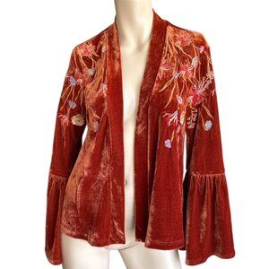 Open Front Kimono Jacket Velvet Embroidered Bell Sleeve Sz S Whimsigoth Boho